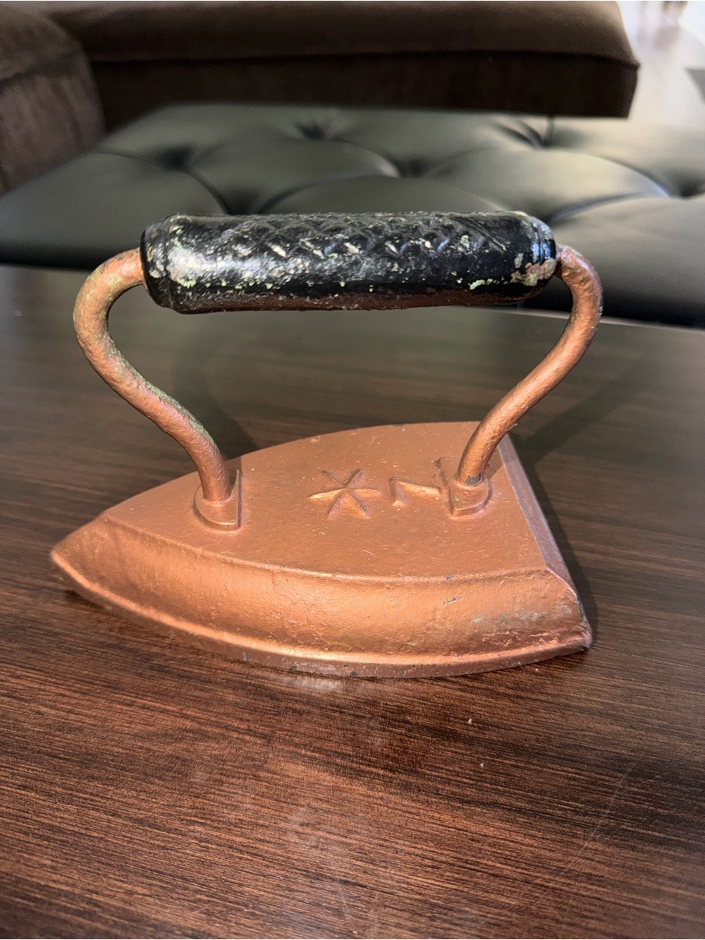 Vintage Cast Iron Sad Iron with Black Handle - Copper Tone